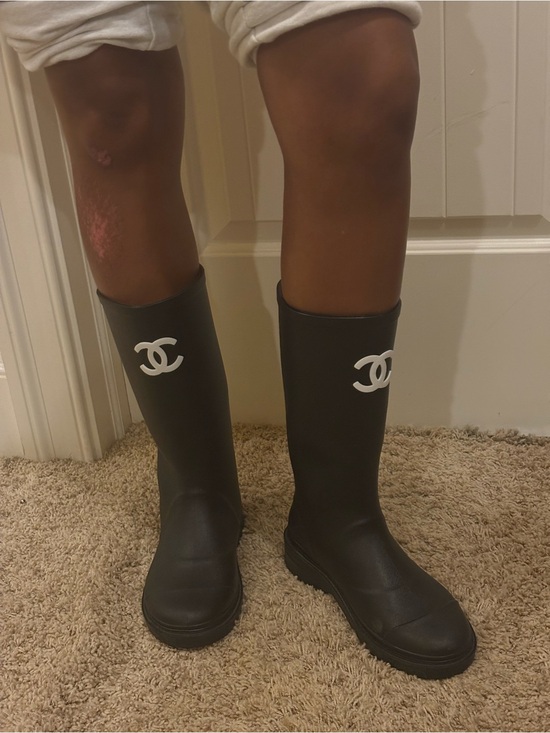 CHANEL Shoes - CHANEL Black Knee-High Rain Boots with White Logo